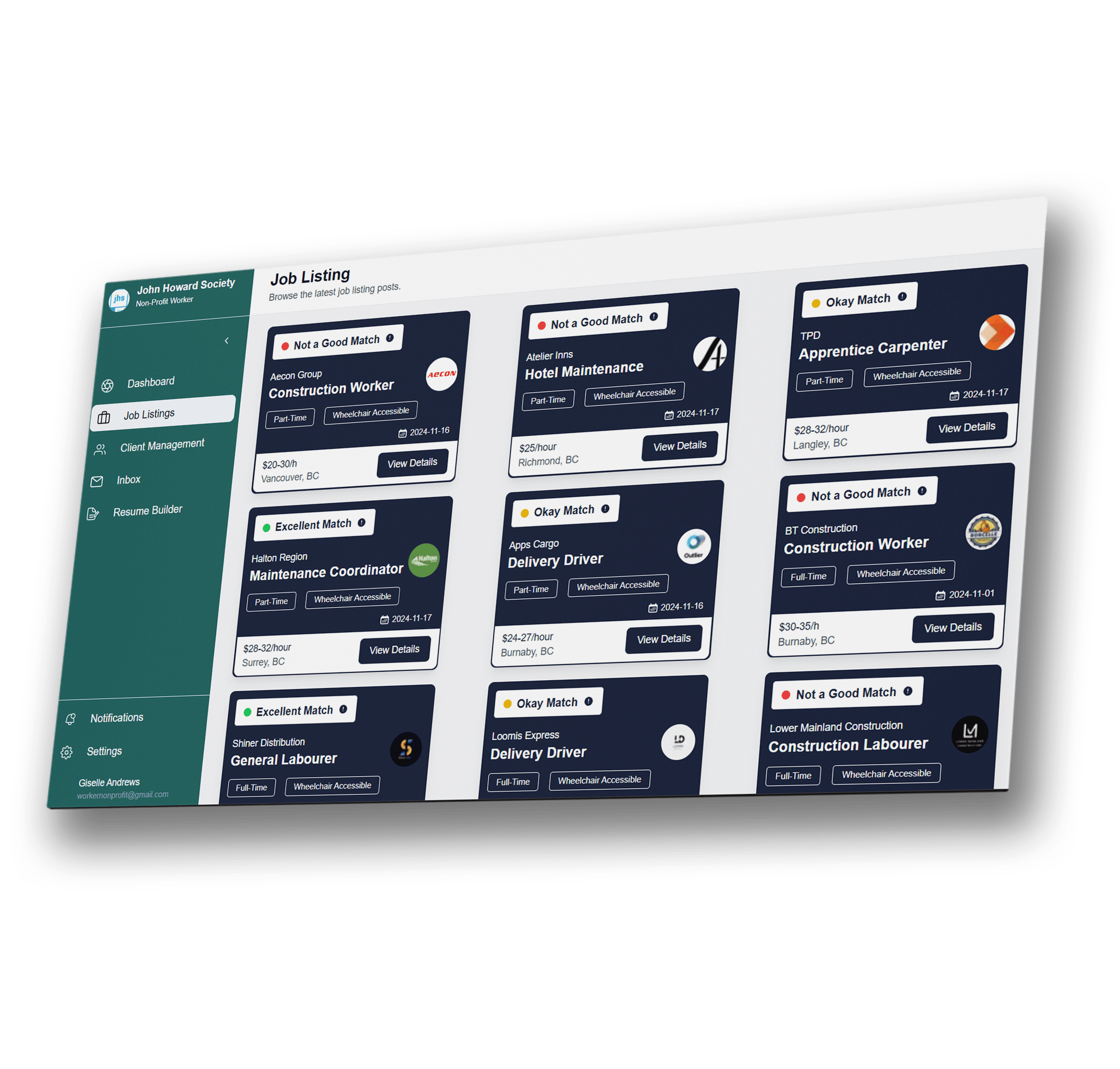 AI job matching shows at a glance whether or not the job listings match the client