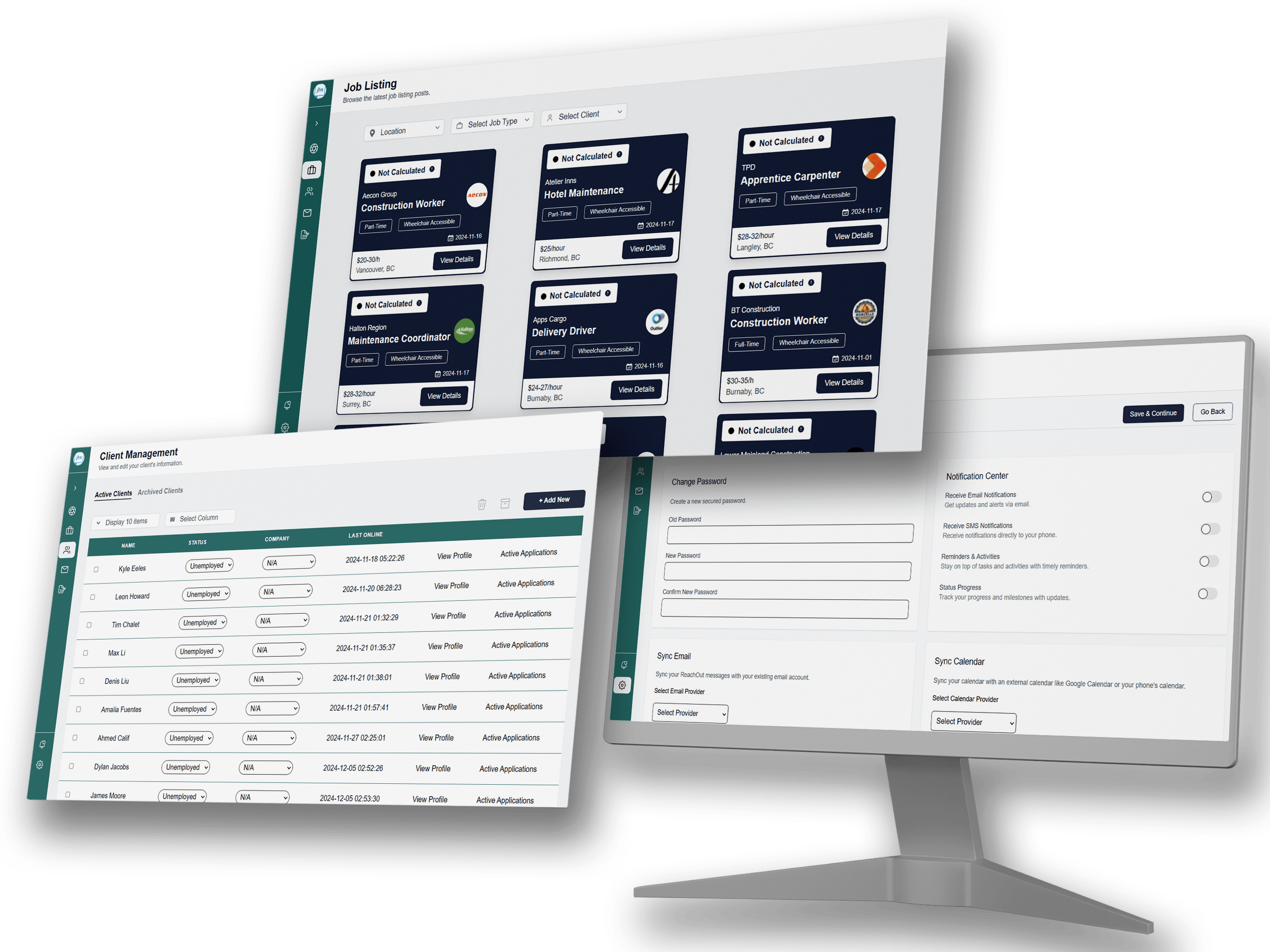 screens of settings, job listings and client management